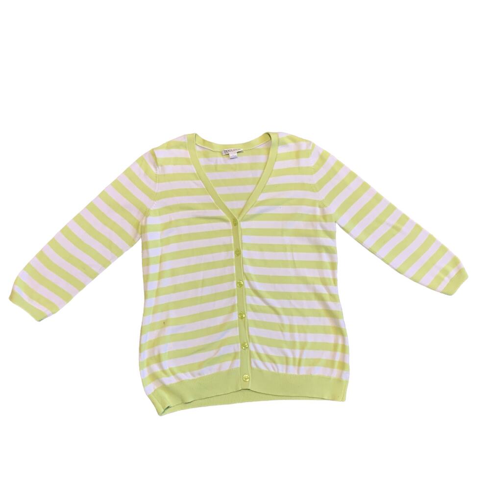Pendleton Striped 3/4 Sleeve Button Up Cardigan Sweater Green White Size Large
